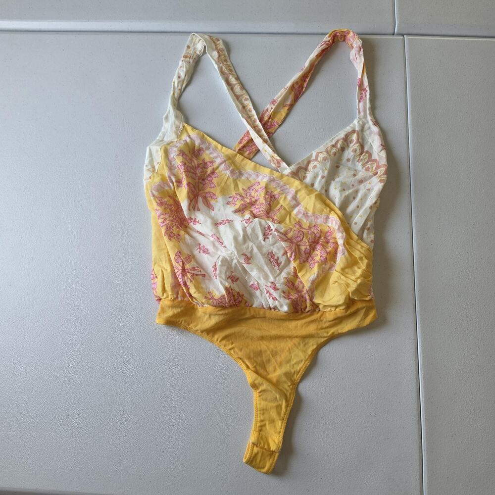 Intimately Free People Bodysuit Womens XS Yellow Floral Wrap Thong V Neck Boho